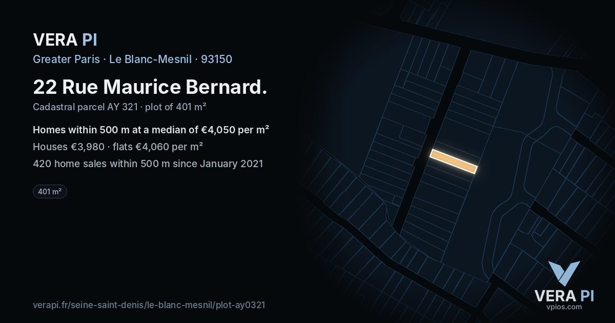 22 Rue Maurice Bernard, Le Blanc-Mesnil at night – the plot lit, the parcels around coloured by the prices near them