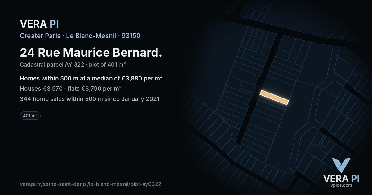 24 Rue Maurice Bernard, Le Blanc-Mesnil at night – the plot lit, the parcels around coloured by the prices near them