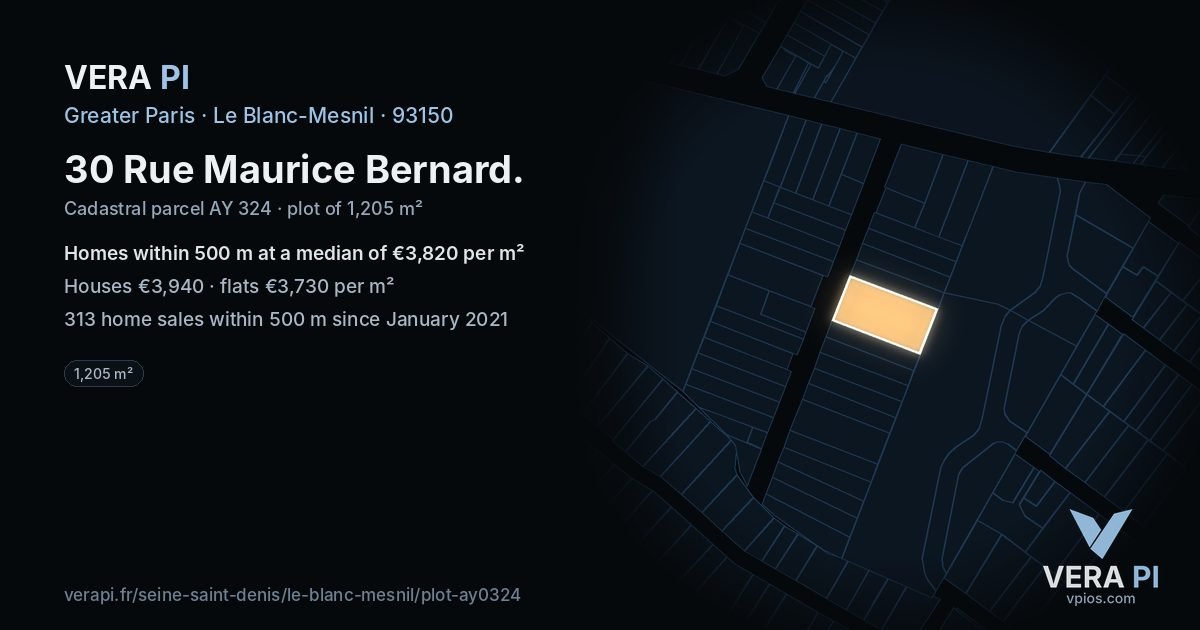 30 Rue Maurice Bernard, Le Blanc-Mesnil at night – the plot lit, the parcels around coloured by the prices near them