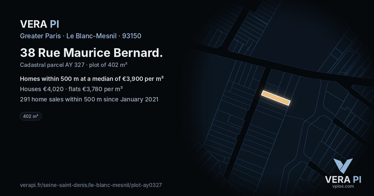 38 Rue Maurice Bernard, Le Blanc-Mesnil at night – the plot lit, the parcels around coloured by the prices near them