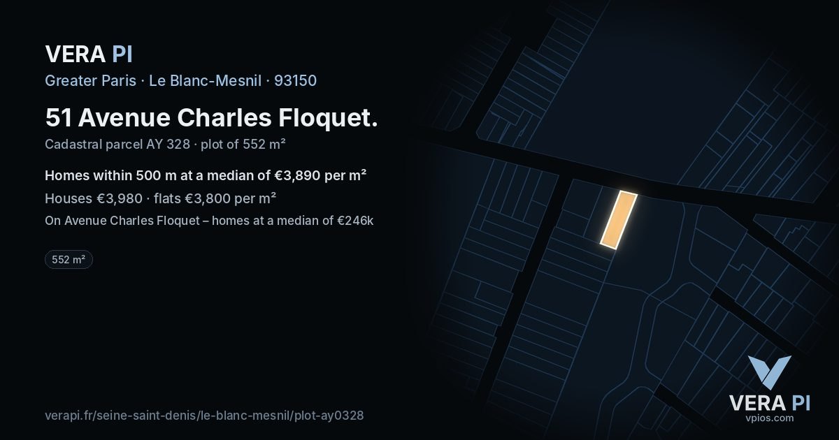 51 Avenue Charles Floquet, Le Blanc-Mesnil at night – the plot lit, the parcels around coloured by the prices near them