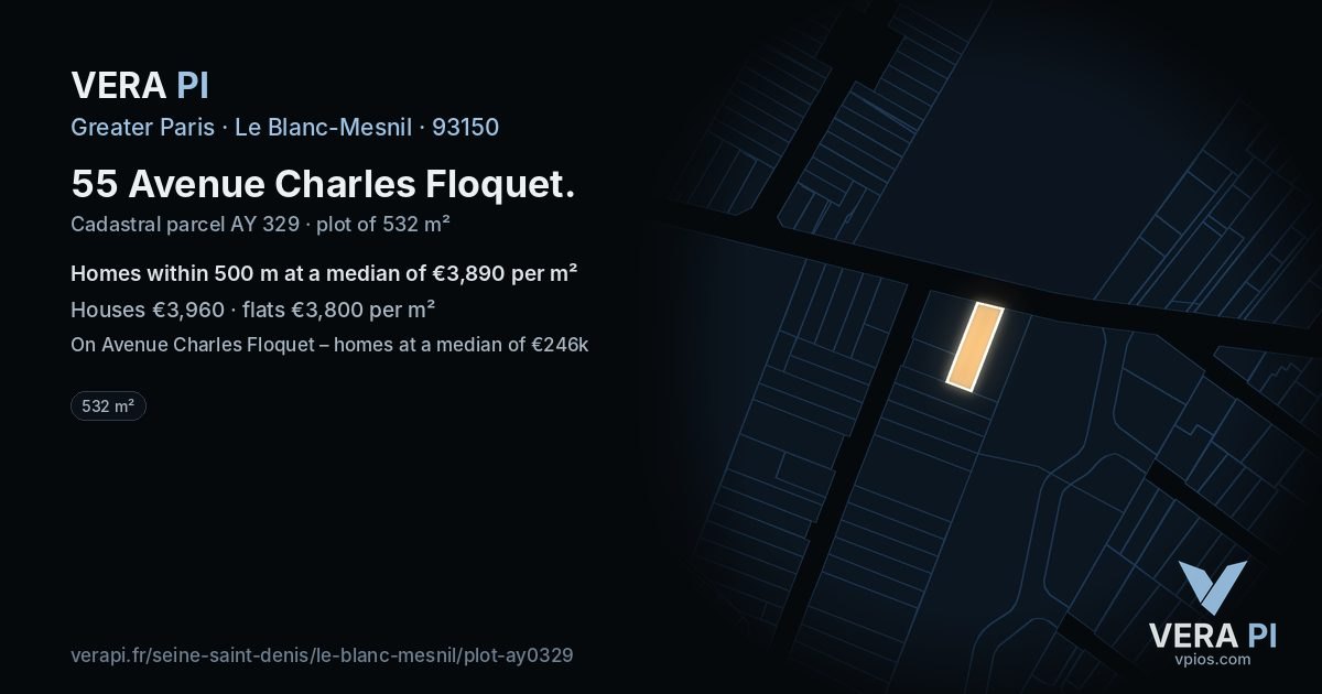 55 Avenue Charles Floquet, Le Blanc-Mesnil at night – the plot lit, the parcels around coloured by the prices near them