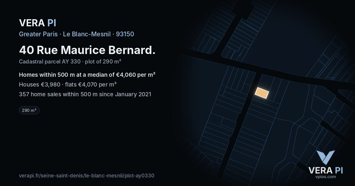 40 Rue Maurice Bernard, Le Blanc-Mesnil at night – the plot lit, the parcels around coloured by the prices near them