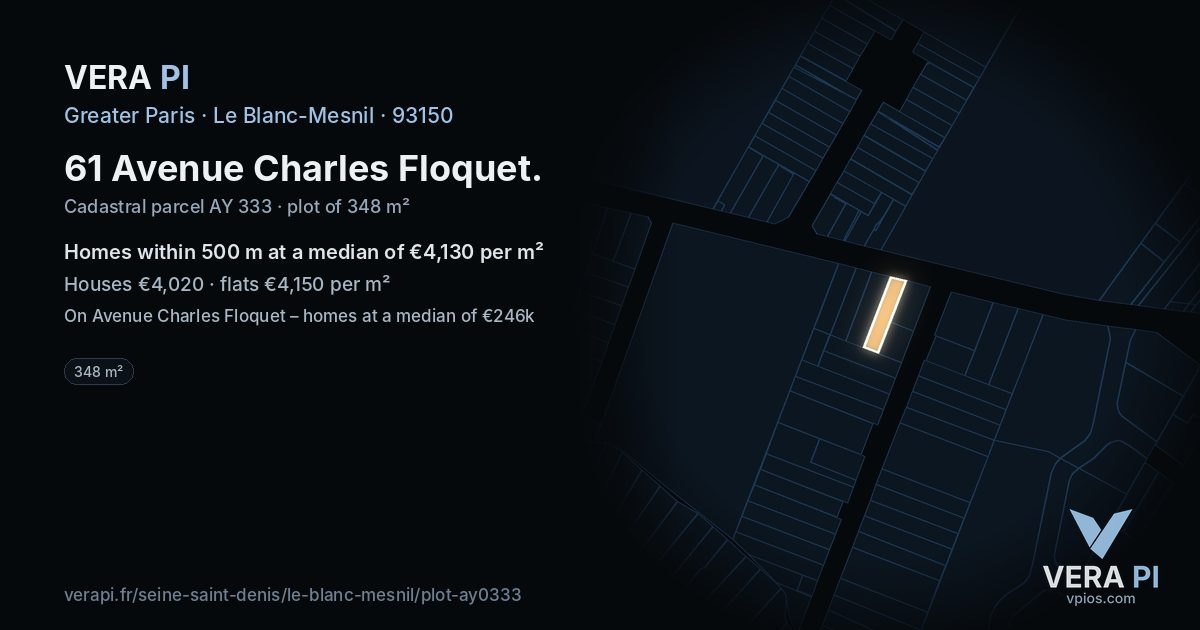 61 Avenue Charles Floquet, Le Blanc-Mesnil at night – the plot lit, the parcels around coloured by the prices near them