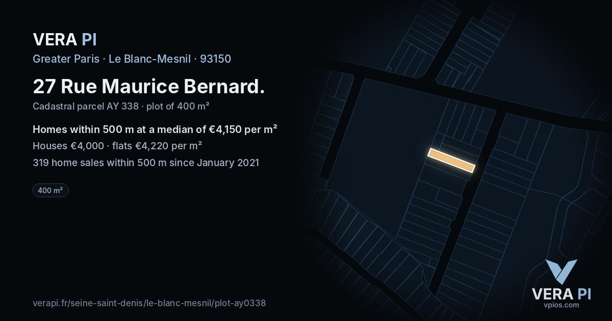 27 Rue Maurice Bernard, Le Blanc-Mesnil at night – the plot lit, the parcels around coloured by the prices near them