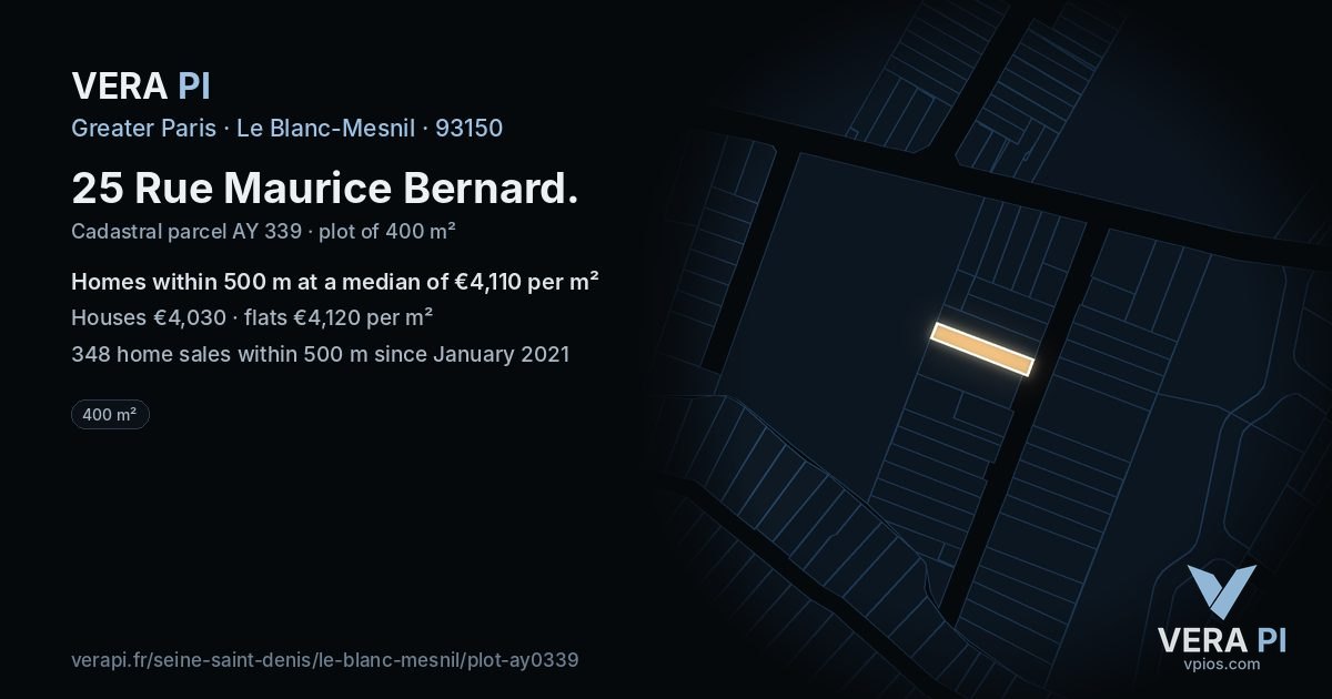 25 Rue Maurice Bernard, Le Blanc-Mesnil at night – the plot lit, the parcels around coloured by the prices near them