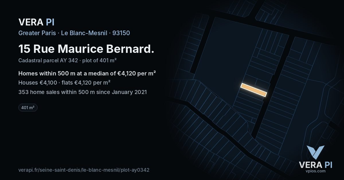 15 Rue Maurice Bernard, Le Blanc-Mesnil at night – the plot lit, the parcels around coloured by the prices near them