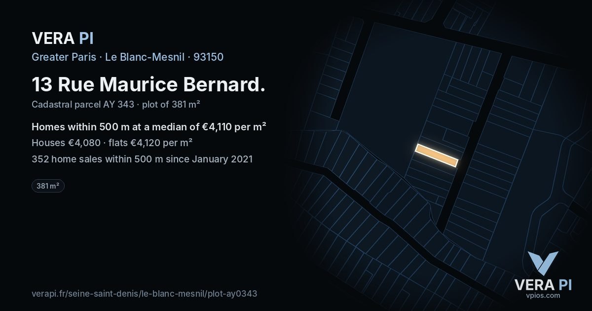 13 Rue Maurice Bernard, Le Blanc-Mesnil at night – the plot lit, the parcels around coloured by the prices near them