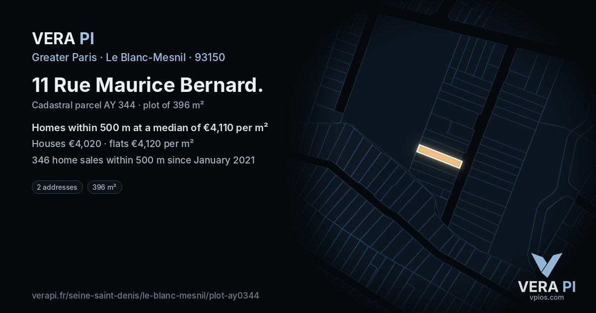 11 Rue Maurice Bernard, Le Blanc-Mesnil at night – the plot lit, the parcels around coloured by the prices near them