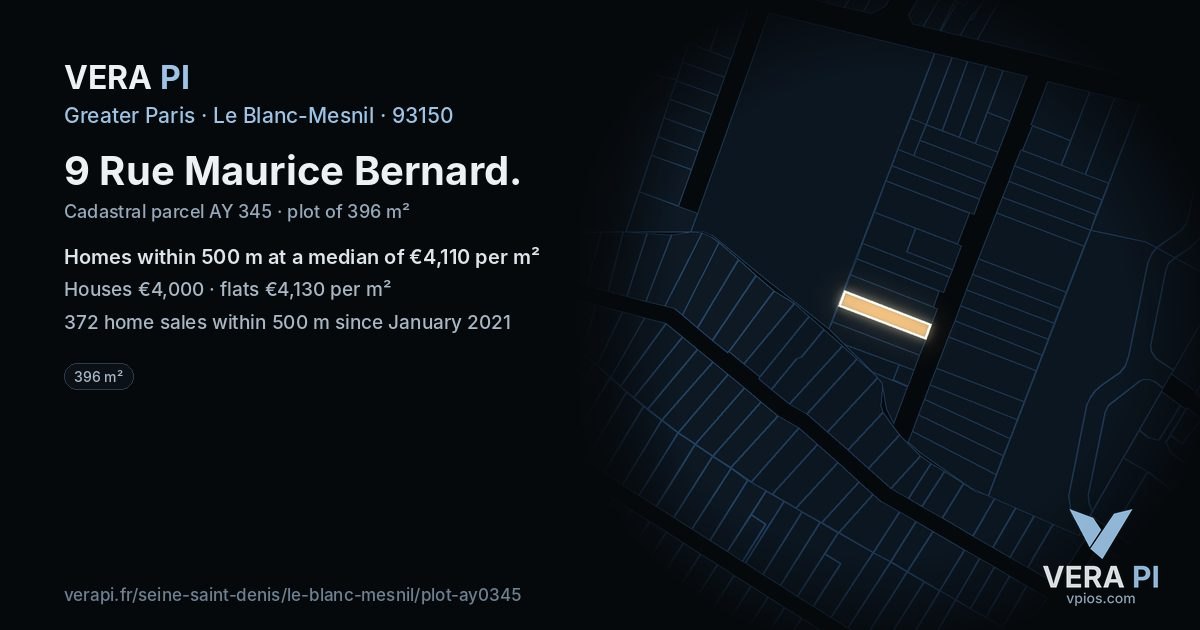 9 Rue Maurice Bernard, Le Blanc-Mesnil at night – the plot lit, the parcels around coloured by the prices near them