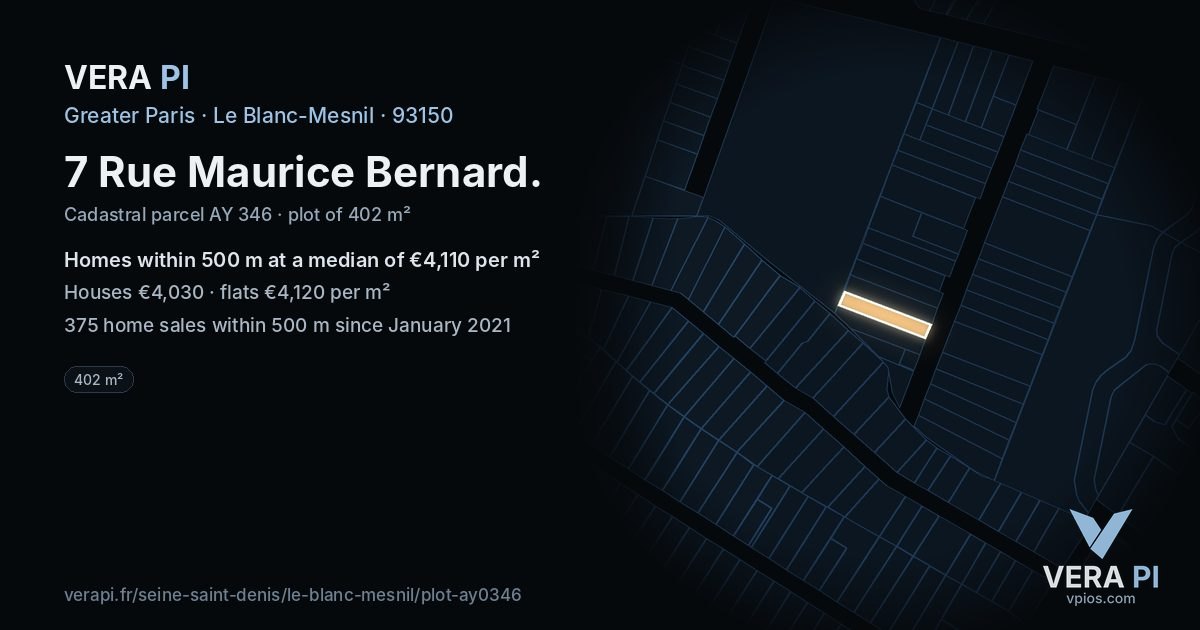 7 Rue Maurice Bernard, Le Blanc-Mesnil at night – the plot lit, the parcels around coloured by the prices near them