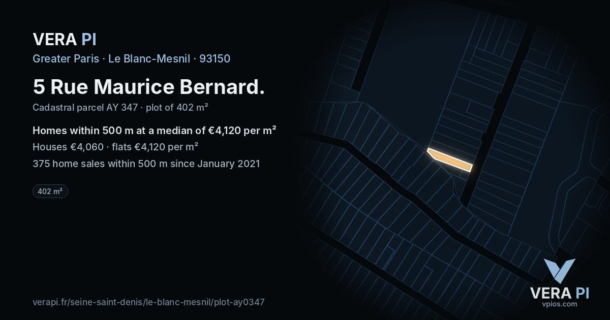 5 Rue Maurice Bernard, Le Blanc-Mesnil at night – the plot lit, the parcels around coloured by the prices near them