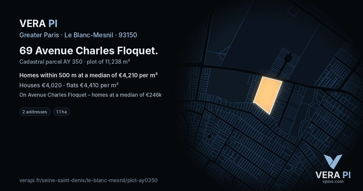 69 Avenue Charles Floquet, Le Blanc-Mesnil at night – the plot lit, the parcels around coloured by the prices near them