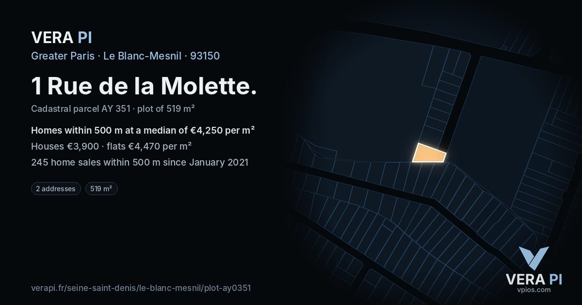 1 Rue de la Molette, Le Blanc-Mesnil at night – the plot lit, the parcels around coloured by the prices near them