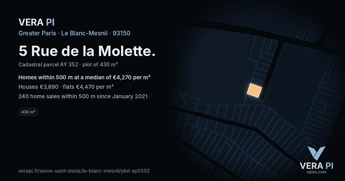 5 Rue de la Molette, Le Blanc-Mesnil at night – the plot lit, the parcels around coloured by the prices near them