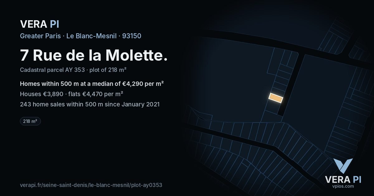 7 Rue de la Molette, Le Blanc-Mesnil at night – the plot lit, the parcels around coloured by the prices near them