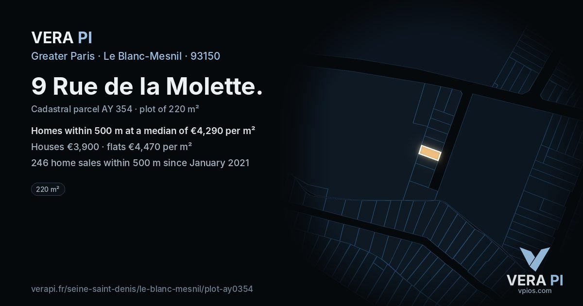 9 Rue de la Molette, Le Blanc-Mesnil at night – the plot lit, the parcels around coloured by the prices near them