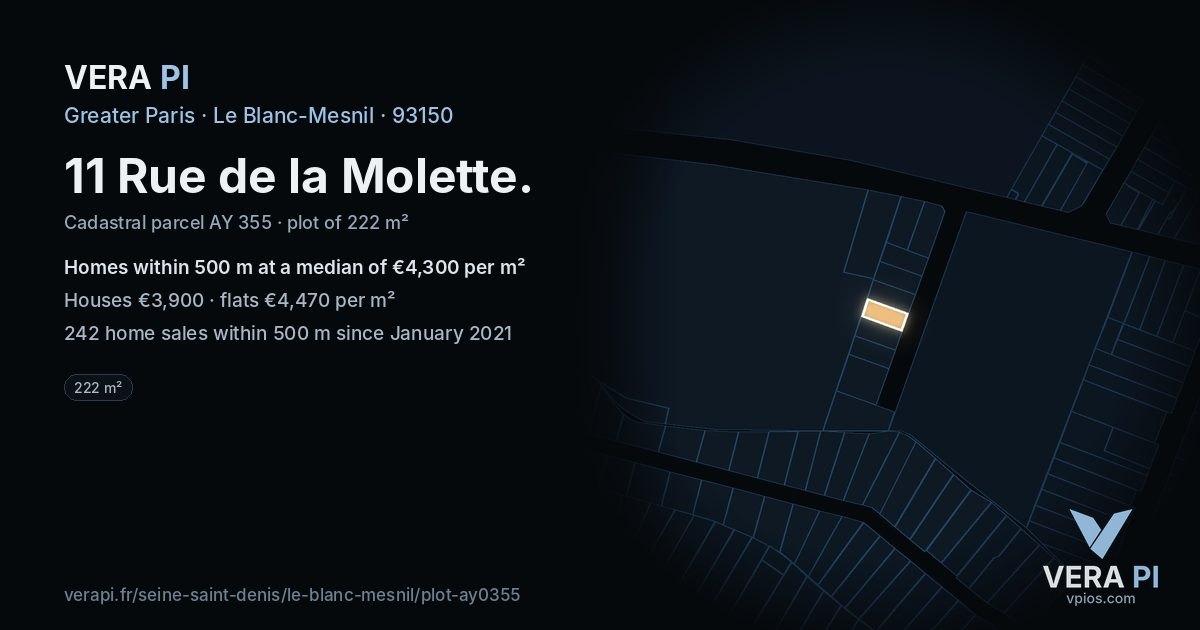 11 Rue de la Molette, Le Blanc-Mesnil at night – the plot lit, the parcels around coloured by the prices near them