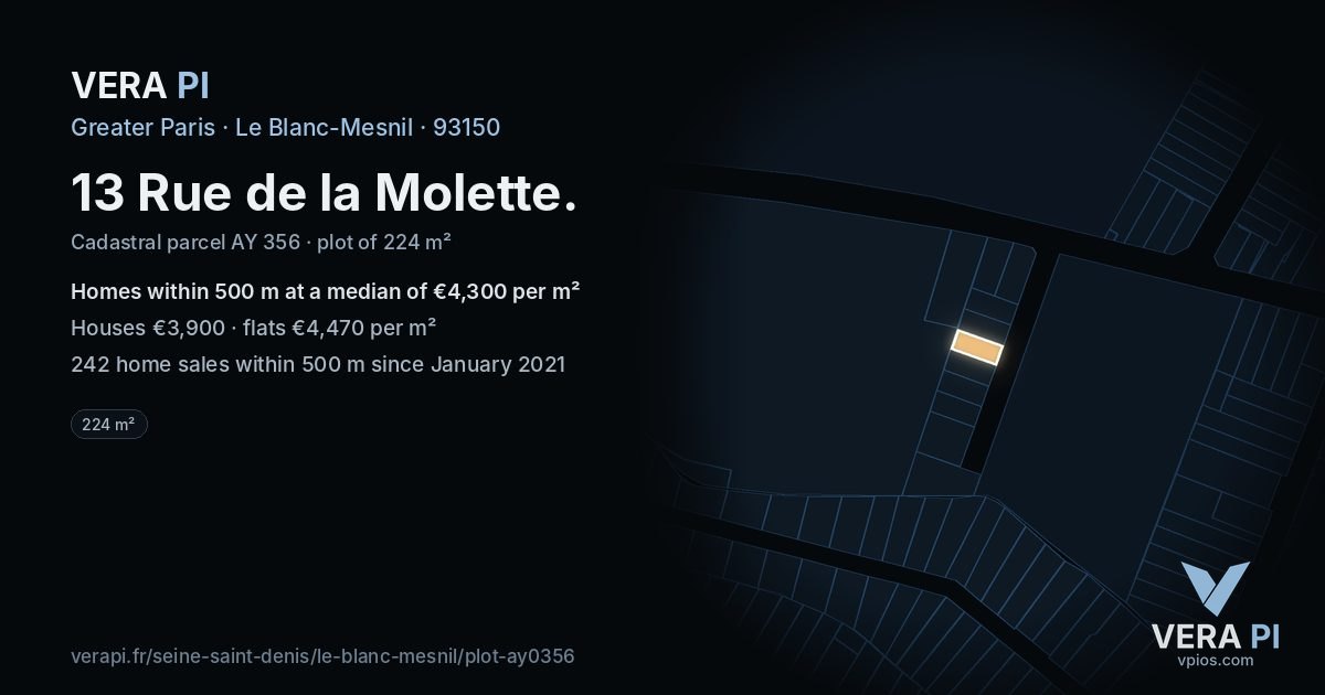 13 Rue de la Molette, Le Blanc-Mesnil at night – the plot lit, the parcels around coloured by the prices near them