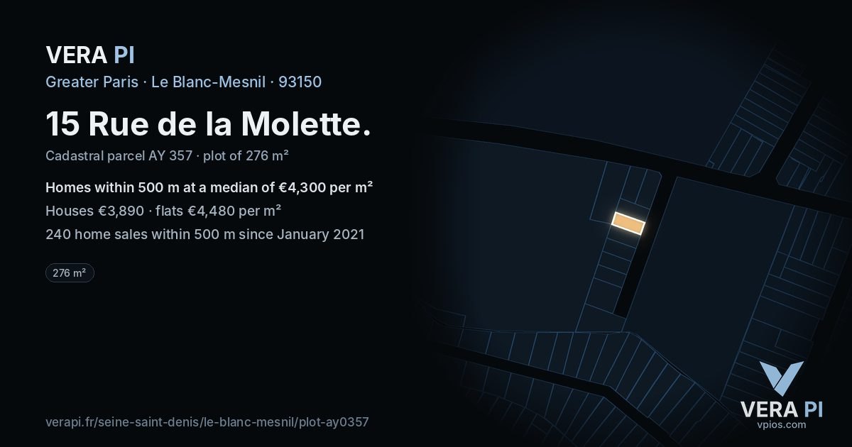 15 Rue de la Molette, Le Blanc-Mesnil at night – the plot lit, the parcels around coloured by the prices near them