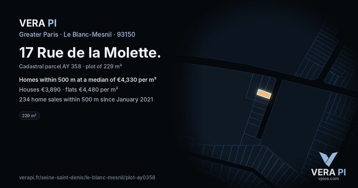 17 Rue de la Molette, Le Blanc-Mesnil at night – the plot lit, the parcels around coloured by the prices near them