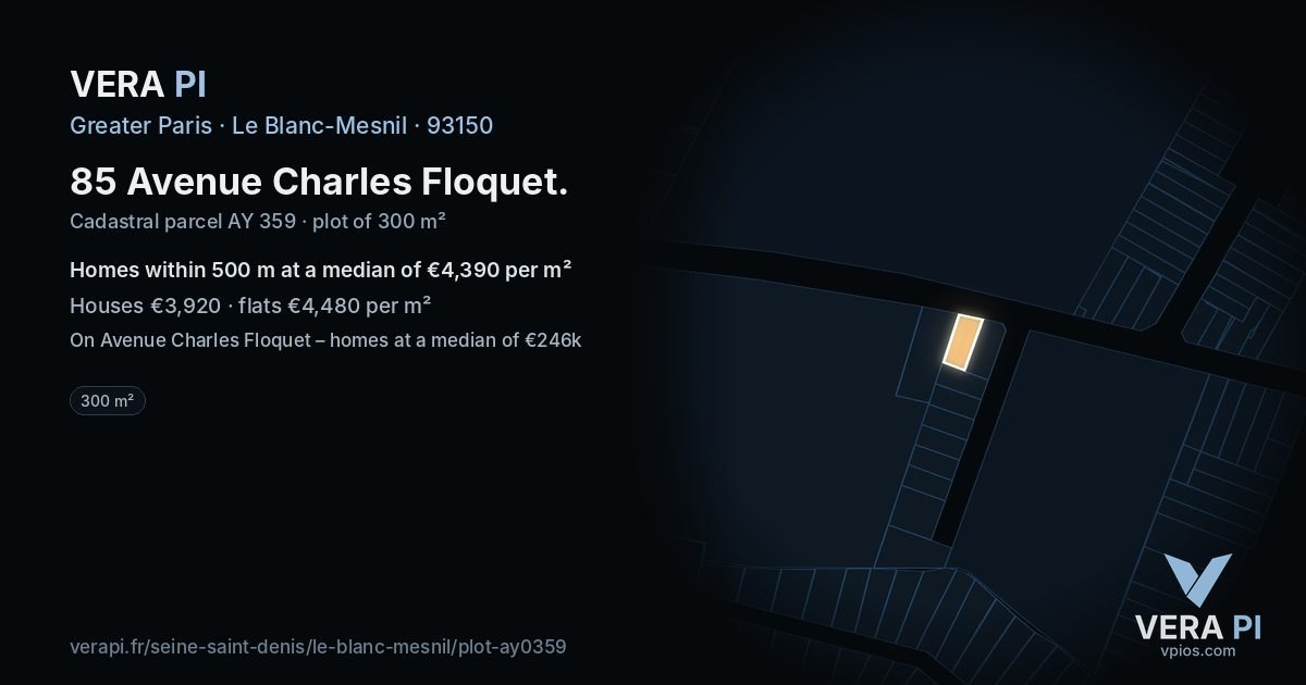 85 Avenue Charles Floquet, Le Blanc-Mesnil at night – the plot lit, the parcels around coloured by the prices near them