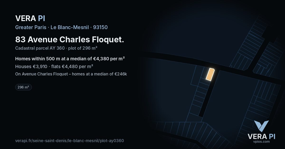83 Avenue Charles Floquet, Le Blanc-Mesnil at night – the plot lit, the parcels around coloured by the prices near them