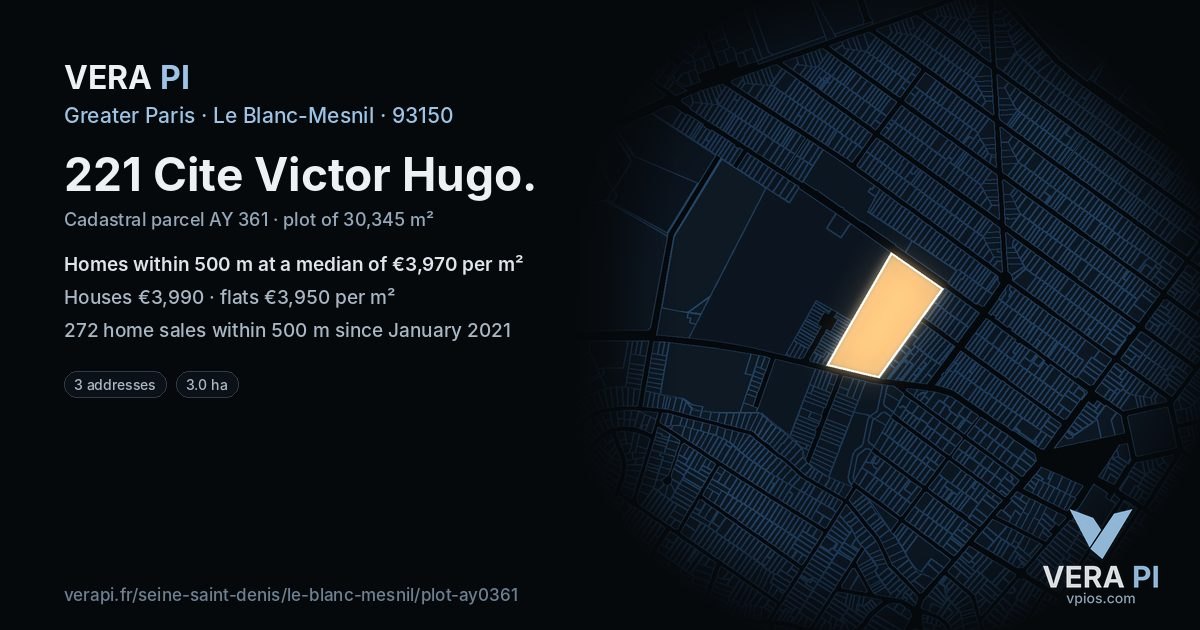 221 Cite Victor Hugo, Le Blanc-Mesnil at night – the plot lit, the parcels around coloured by the prices near them