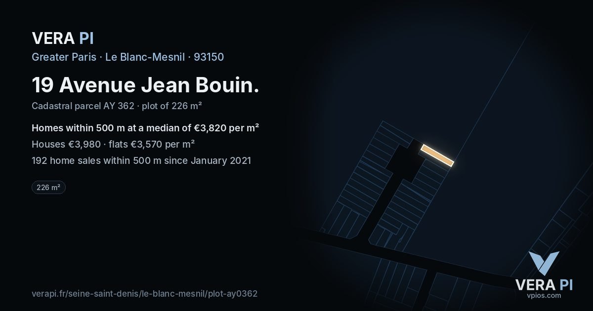 19 Avenue Jean Bouin, Le Blanc-Mesnil at night – the plot lit, the parcels around coloured by the prices near them