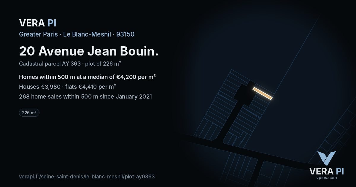 20 Avenue Jean Bouin, Le Blanc-Mesnil at night – the plot lit, the parcels around coloured by the prices near them