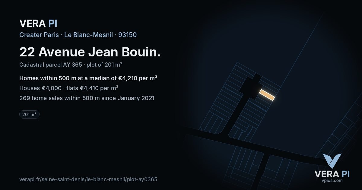 22 Avenue Jean Bouin, Le Blanc-Mesnil at night – the plot lit, the parcels around coloured by the prices near them