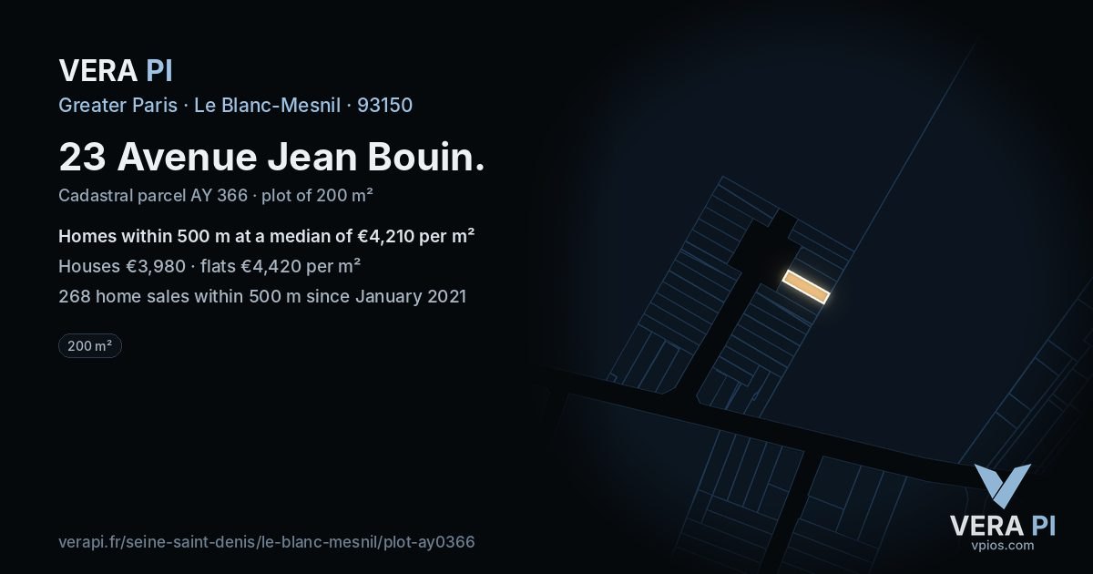23 Avenue Jean Bouin, Le Blanc-Mesnil at night – the plot lit, the parcels around coloured by the prices near them