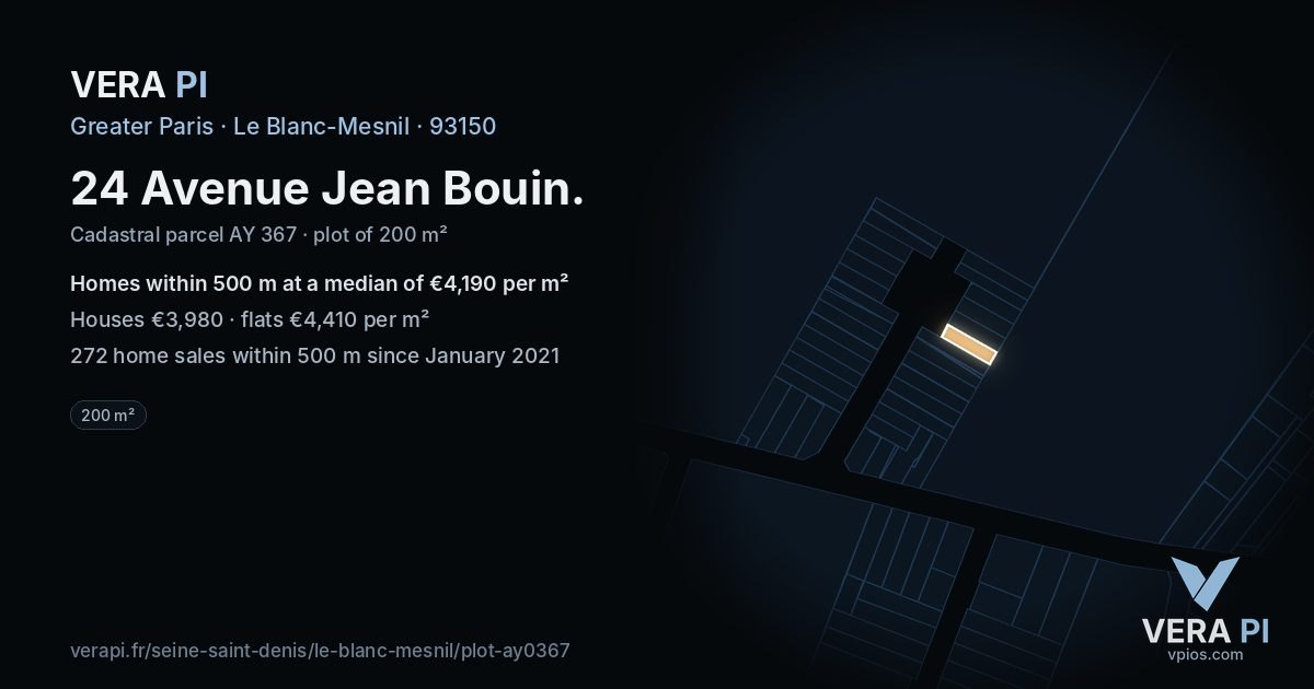 24 Avenue Jean Bouin, Le Blanc-Mesnil at night – the plot lit, the parcels around coloured by the prices near them