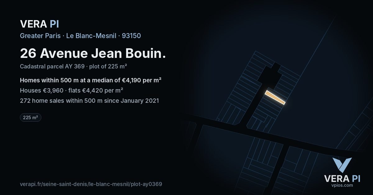 26 Avenue Jean Bouin, Le Blanc-Mesnil at night – the plot lit, the parcels around coloured by the prices near them