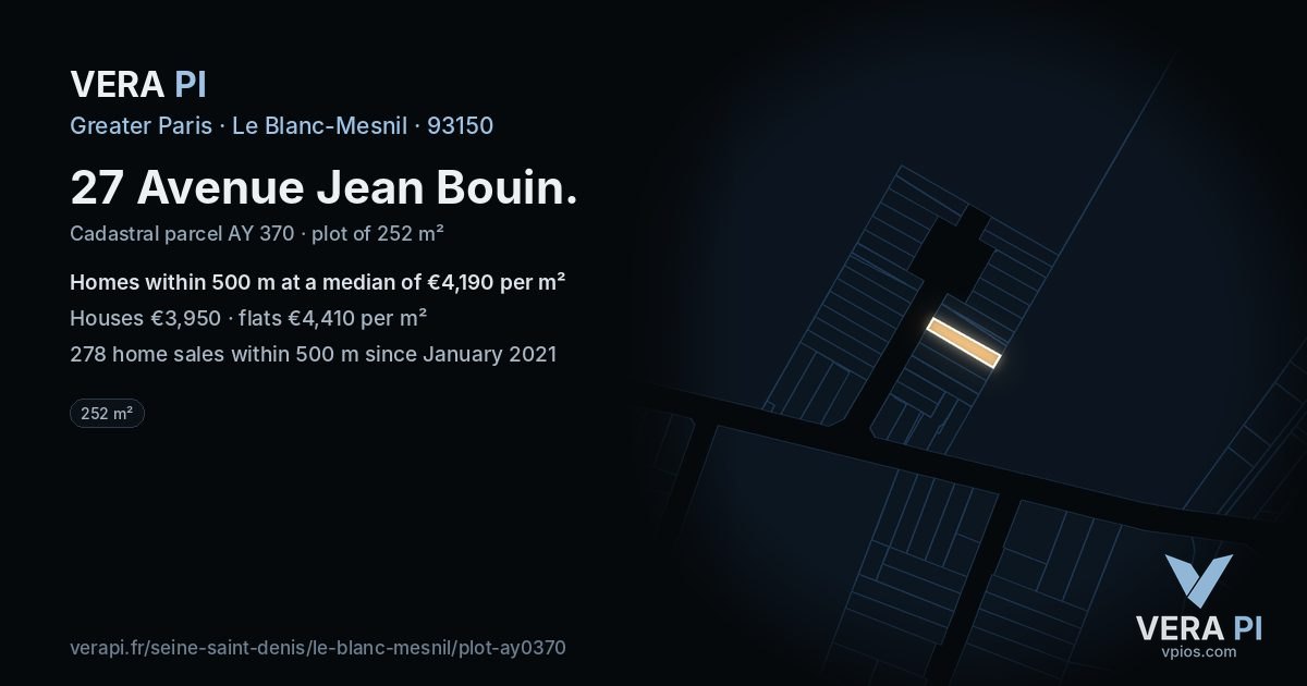 27 Avenue Jean Bouin, Le Blanc-Mesnil at night – the plot lit, the parcels around coloured by the prices near them