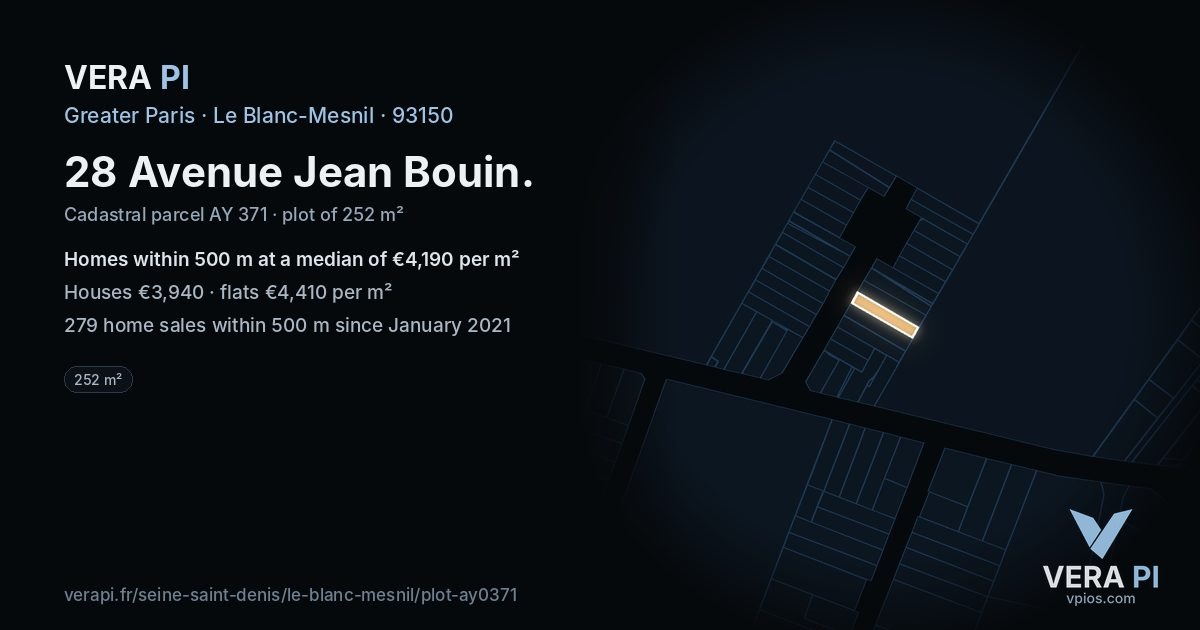 28 Avenue Jean Bouin, Le Blanc-Mesnil at night – the plot lit, the parcels around coloured by the prices near them