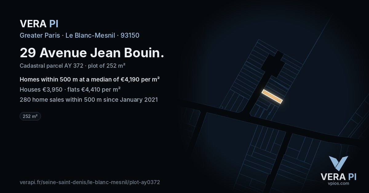 29 Avenue Jean Bouin, Le Blanc-Mesnil at night – the plot lit, the parcels around coloured by the prices near them