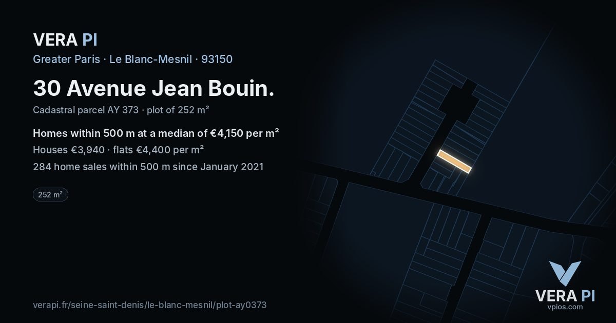 30 Avenue Jean Bouin, Le Blanc-Mesnil at night – the plot lit, the parcels around coloured by the prices near them