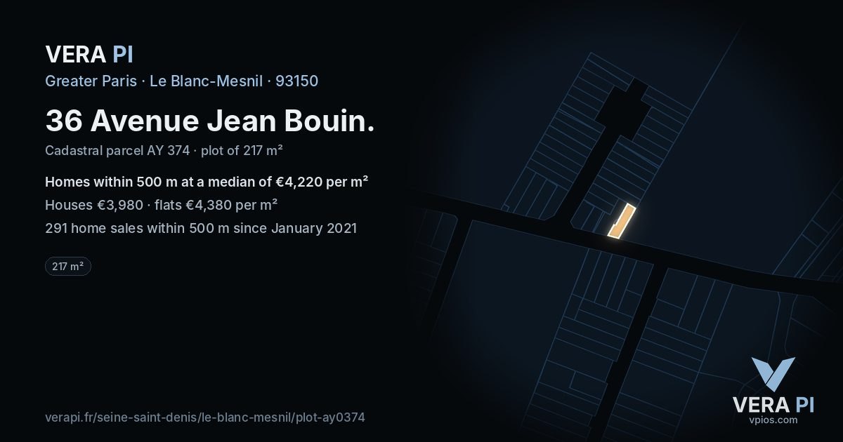 36 Avenue Jean Bouin, Le Blanc-Mesnil at night – the plot lit, the parcels around coloured by the prices near them