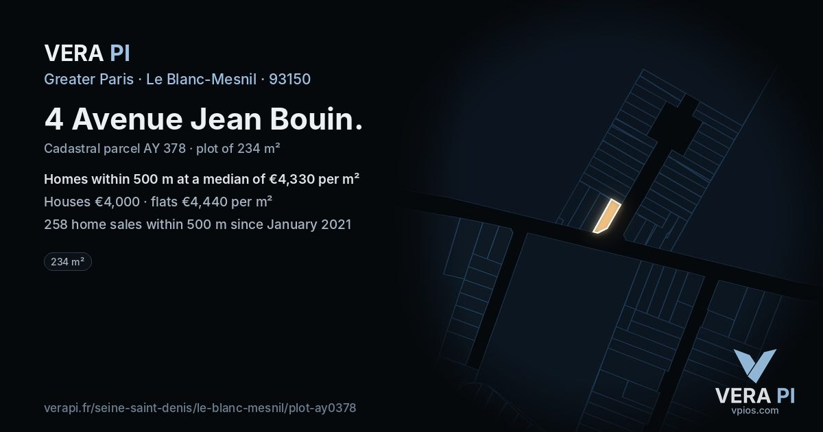 4 Avenue Jean Bouin, Le Blanc-Mesnil at night – the plot lit, the parcels around coloured by the prices near them