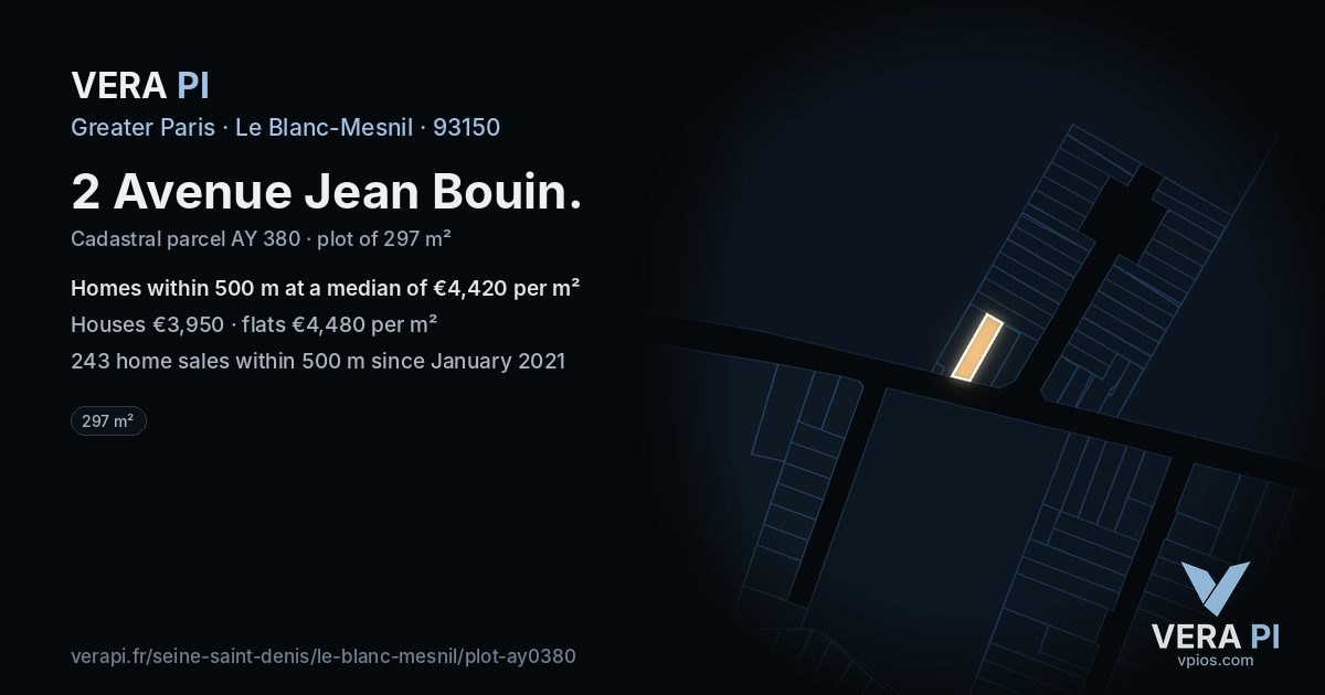 2 Avenue Jean Bouin, Le Blanc-Mesnil at night – the plot lit, the parcels around coloured by the prices near them