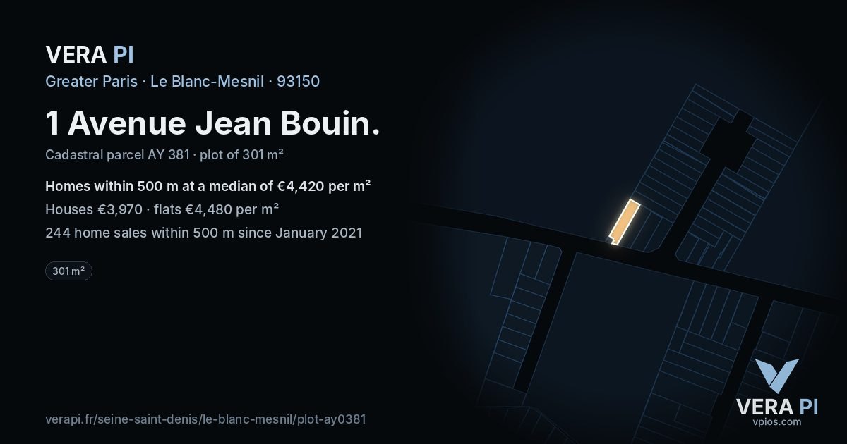 1 Avenue Jean Bouin, Le Blanc-Mesnil at night – the plot lit, the parcels around coloured by the prices near them