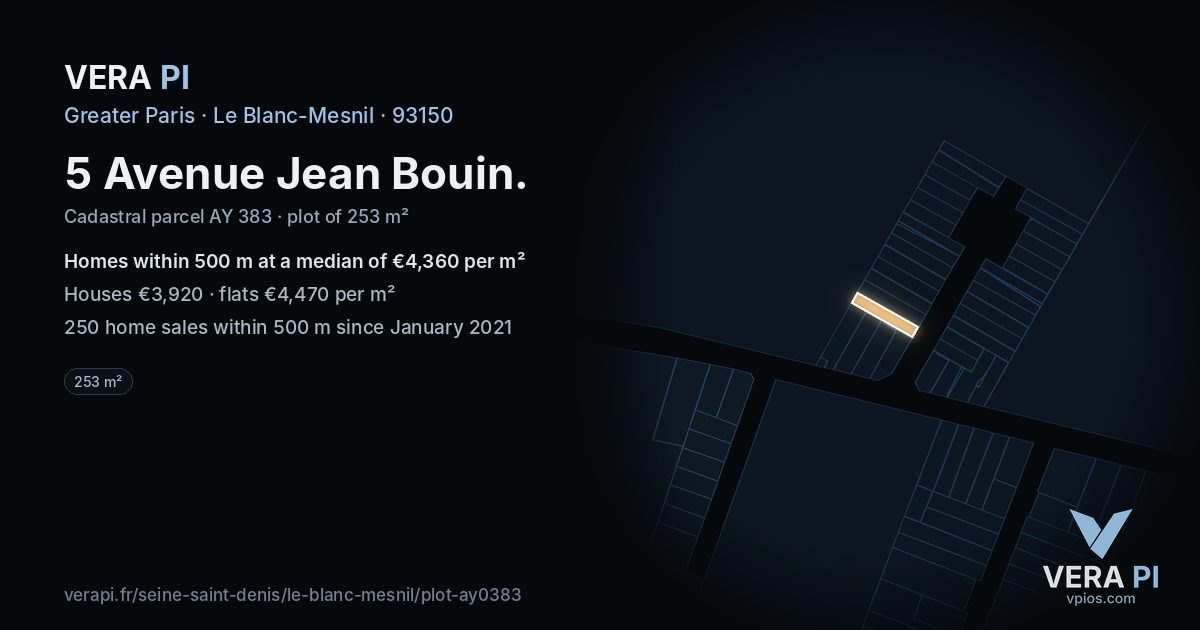 5 Avenue Jean Bouin, Le Blanc-Mesnil at night – the plot lit, the parcels around coloured by the prices near them