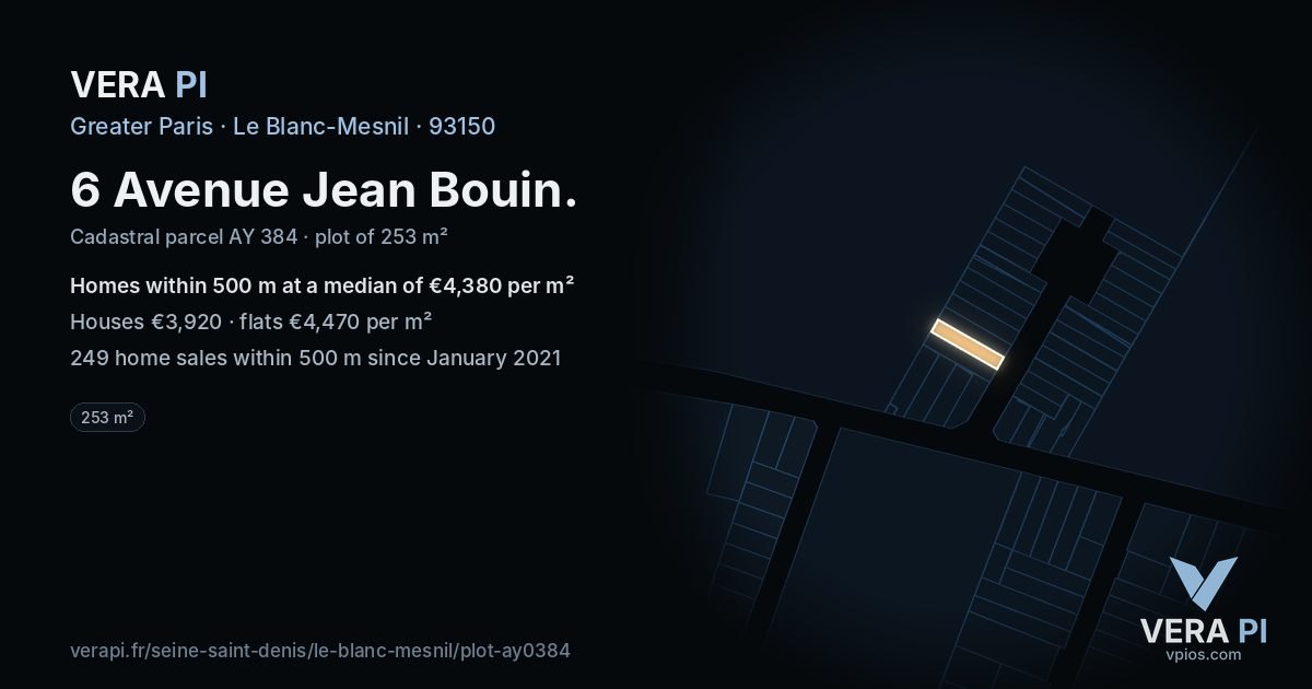 6 Avenue Jean Bouin, Le Blanc-Mesnil at night – the plot lit, the parcels around coloured by the prices near them