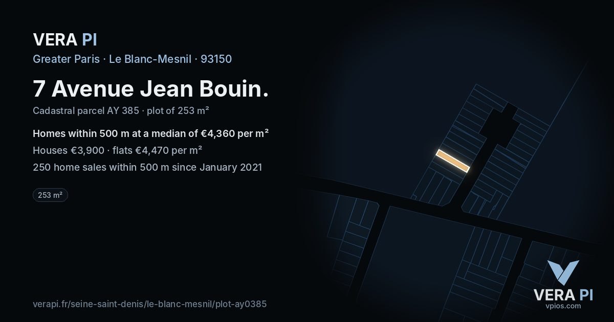 7 Avenue Jean Bouin, Le Blanc-Mesnil at night – the plot lit, the parcels around coloured by the prices near them