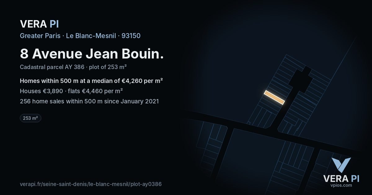8 Avenue Jean Bouin, Le Blanc-Mesnil at night – the plot lit, the parcels around coloured by the prices near them