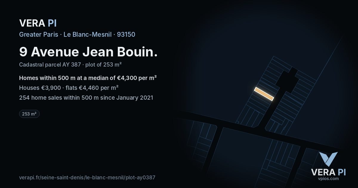 9 Avenue Jean Bouin, Le Blanc-Mesnil at night – the plot lit, the parcels around coloured by the prices near them