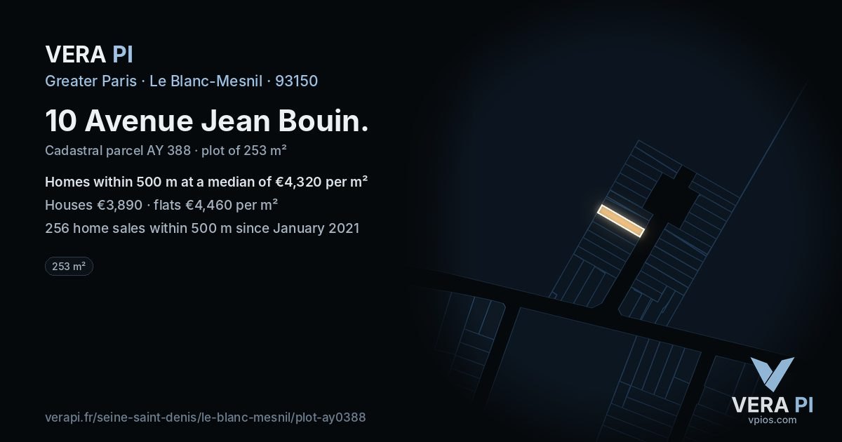 10 Avenue Jean Bouin, Le Blanc-Mesnil at night – the plot lit, the parcels around coloured by the prices near them