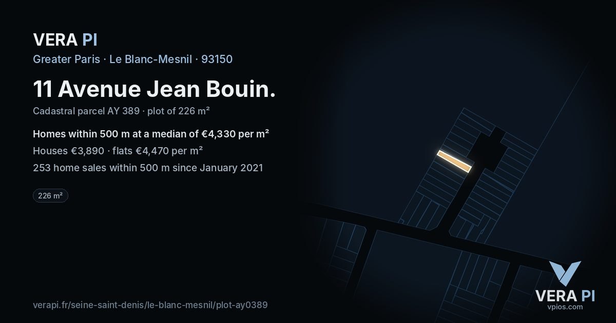 11 Avenue Jean Bouin, Le Blanc-Mesnil at night – the plot lit, the parcels around coloured by the prices near them