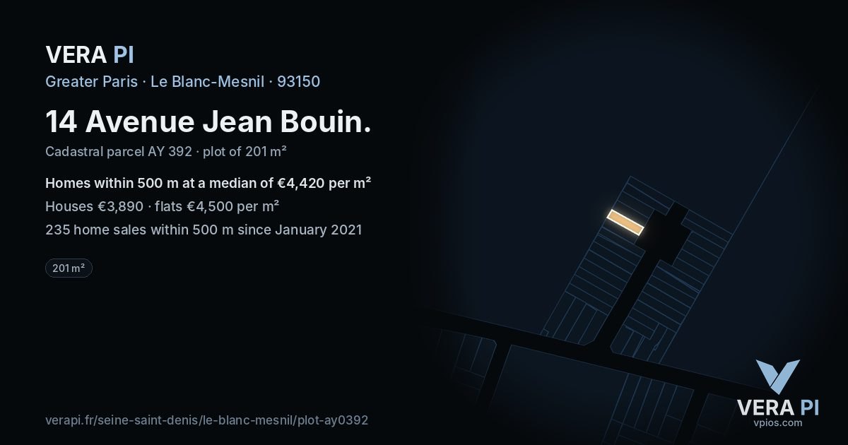 14 Avenue Jean Bouin, Le Blanc-Mesnil at night – the plot lit, the parcels around coloured by the prices near them